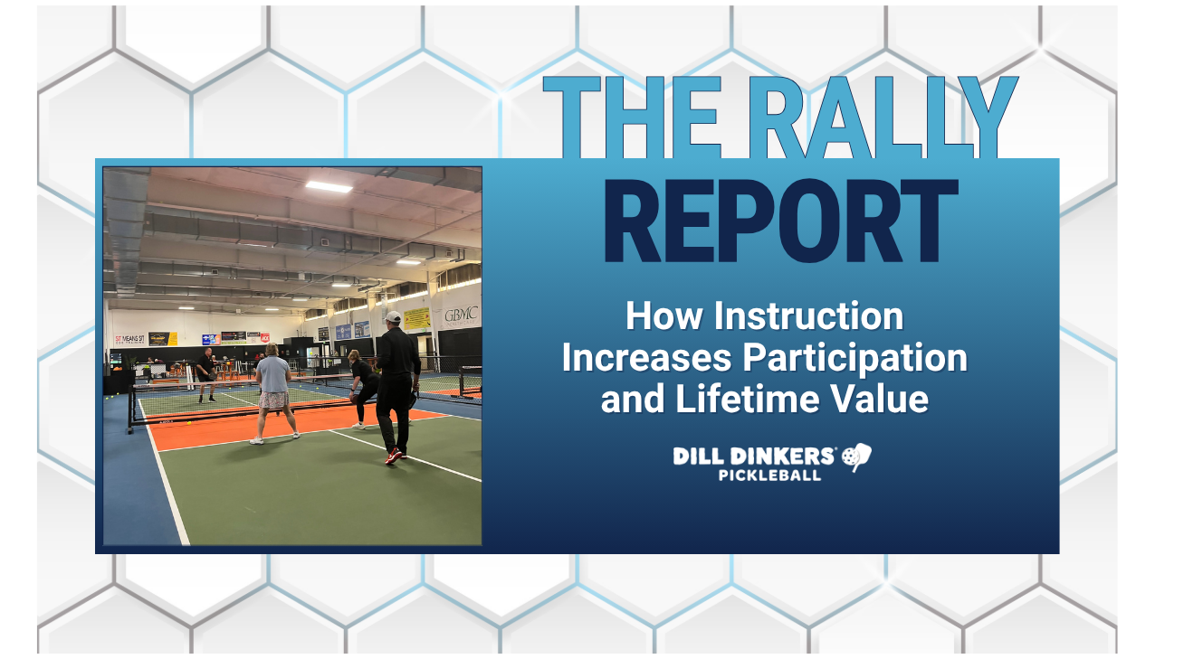 Adult pickleball players taking a lesson at an indoor pickleball facility as part of a report about how structured instruction improves participation, player retention, and lifetime value.